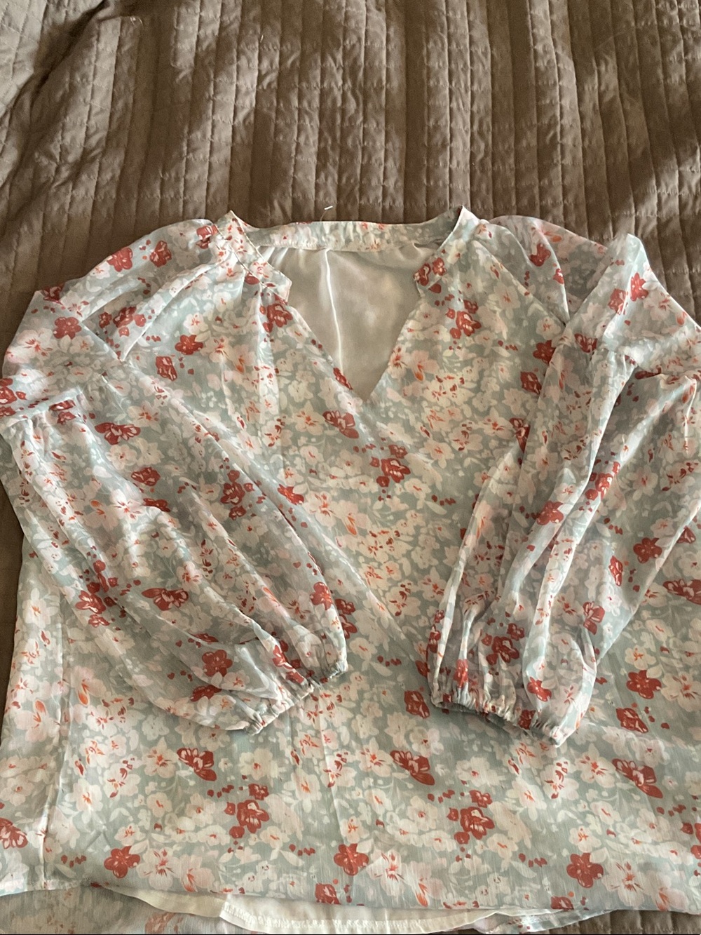 Floral V-Neck Puff Sleeve Blouse in Light Blue and Coral